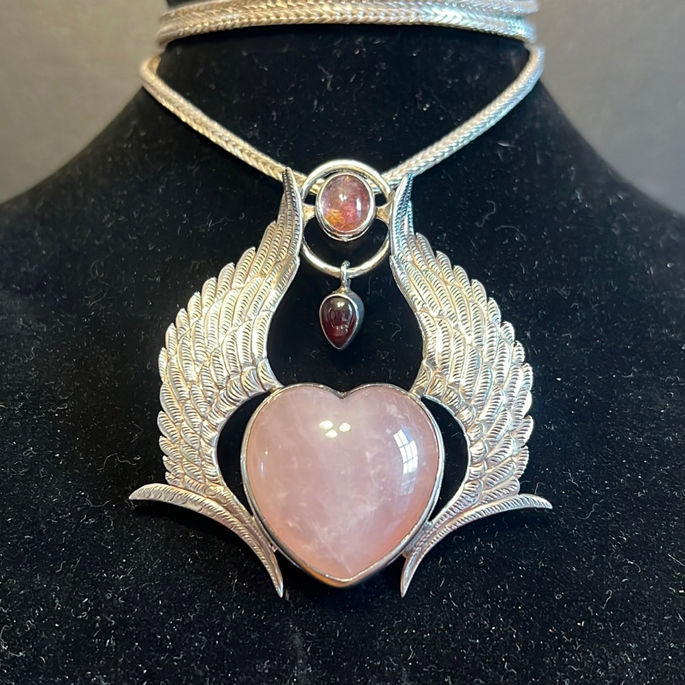 Huge Vintage Navajo Signed Pink Quartz Heart with Sterling Silver Angel Wings